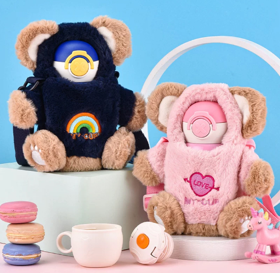 KJ3484 bear-shaped crossbody plush cup sleeves in pink and navy