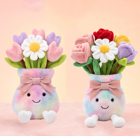 Tie-dye plush flower bouquets in smiling pastel vases, model KJ3485