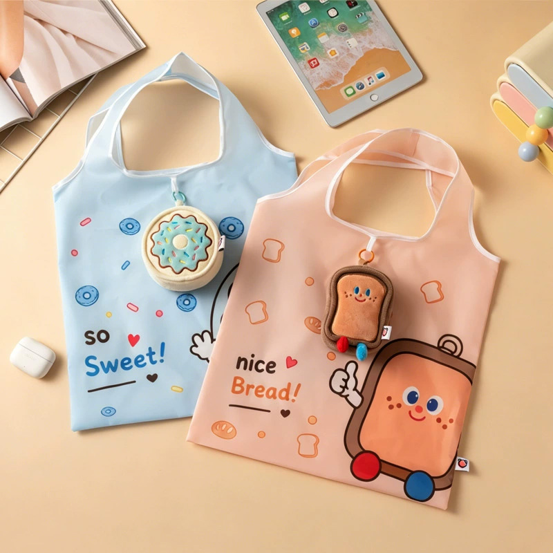 Foldable shopping bag with plush character storage pouch, model KJ3503